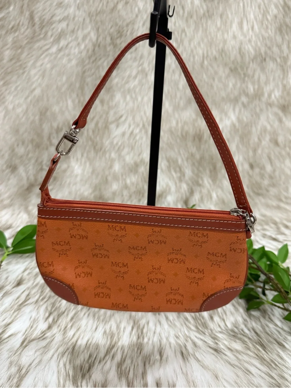 MCM Visetos Mini Pochette Cognac and Brown Monogram Wristlet Clutch